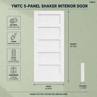 Porte intérieure Shaker blanche à 5 panneaux, en bois massif apprêté, avec âme en MDF, 36x96 pouces, à 90 degrés, pré-montée et prête à l'emploi