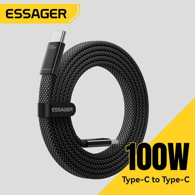 ESSAGER ES-X85 E-Marker Flat Braided Usb C to Usb C PD 100W Phone Laptop Type C Fast Charging Data Cable for Iphone Xiaomi Oppo