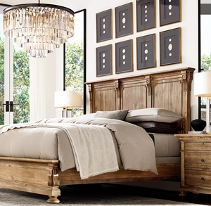 Cama Doble de Madera Maciza Estilo Americano Rústico, Cama Matrimonial para Dormitorio Principal, Villa, Hotel, Personalizable - Product Image 1