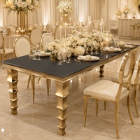 Table de mariage rectangulaire de 180 cm en acier inoxydable avec cadre en métal doré de haute qualité et plateau en verre miroir noir, tables de banquet pour hôtel