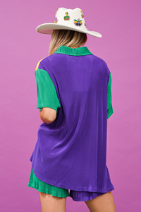 Wholesale Custom logo Shirt Short Sleeve <strong>Tops</strong> Shorts Color Block <strong>Plisse</strong> Women Two Piece Set Mardi Gras Sets - Product Image 3