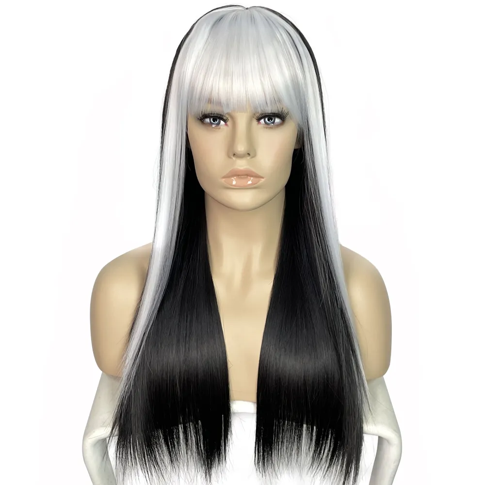 Wholesale Price Women's Wig With Bangs Cosplay Style Black Highlight White Long Natural Straight Synthetic Girls Hair Wigs