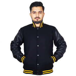 Vestes pour hommes, veste de baseball unie pour enfants avec manches en cuir noir et corps en laine, prix raisonnable, service OEM - Product Image 1