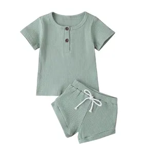 Comodi Del Bambino Del Bambino Delle Ragazze Dei Ragazzi Vestiti di Estate Appena Nato A Coste Del Bambino Lavorato A Maglia Pulsante T-Shirt Top & Shorts Abbigliamento Bambino Outfits Set