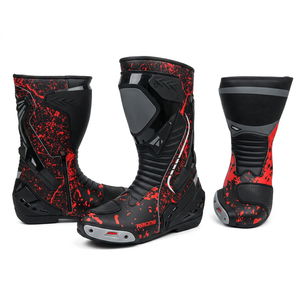 Botas de moto a media pantorrilla con parte superior de PU, suela de cuero genuino, forro impermeable, cierre de cremallera, estampado rojo y negro, estilo de carreras, transpirables, para todo tipo de clima. - Product Image 1