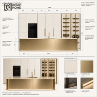 Meubles de cuisine contemporains en crème cachemire, îlot cascade en or champagne brossé, tour à vin en verre, menuiserie de penthouse