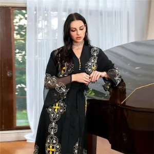 New Fashion Embroidery Mesh Muslim Women Long Maxi Dress Dubai Abaya Kaftan Jilbab Arab Robe