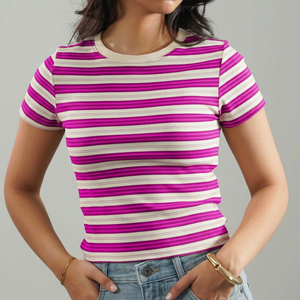 T-shirt en tricot à manches courtes rayé à col rond pour femme MERITORIOUS INTERNATIONAL, coupe décontractée, taille adulte - Product Image 2