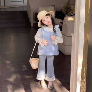 Girls Spring Outfit Blue Knit Vest White Ruffle Shirt Jeans Set Cotton Children's Clothing - Product Image 2