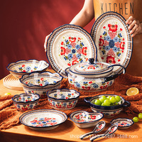 Ensemble de vaisselle en céramique de carthame couleur miel grand bol à soupe de riz et de nouilles à double poignée pour les dîners