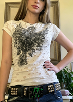 T-shirt graphique Y2K pour femme, style grunge, déchiré, court, manches courtes, esthétique vintage Fairycore, imprimé numérique ailes de squelette