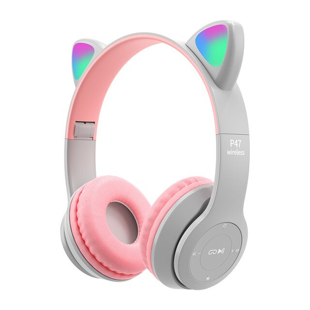 Wireless BT ENC Headphones Cute Cat Headphone Ear Audio Stereo Sports Gaming Headset With Mic LED Lights Girl Earphone P47M