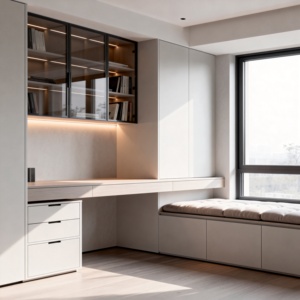 Libreria Moderna Premium con Cornice Nera Effetto Legno Chiaro, Porta in Vetro, Scrivania Integrata, Cassetto, Panca con Finestra, Montaggio a Parete per Camera da Letto - Product Image 1