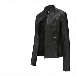 Blouson court matelassé en cuir imperméable pour femme, col montant, fermeture éclair, idéal printemps - Product Image 3