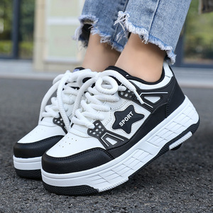 Zapatillas Chunky de Plataforma para Mujer, Blancas y Negras con Logo de Estrella, con Cordones, Punta Redonda, de Cuero PU, Suela de Goma, con Aumento de Altura - Product Image 1