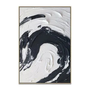 Peinture abstraite de grande taille en acrylique 3D texturé noir et blanc pour la décoration intérieure