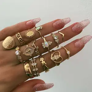 frauen schmuck Vintage Beauty Coin Cross Crystal Knuckle Ring Set Good Quality Antique Gold Plated Geometric Hand Rings