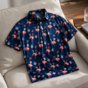 Polo de Manga Corta con Estampado de Flamencos Azul Marino para Hombre, Ropa de Golf Informal, Tejida, Transpirable y de Alto Rendimiento - Product Image 6