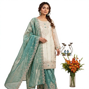 Ensemble Kurta en coton brodé vert sarcelle pour femme avec dupatta vert sarcelle, style traditionnel indien pakistanais, longueur au sol - Product Image 1