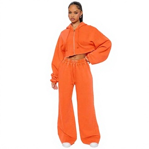 <b>Women's</b> Orange Hooded Cropped Hoodie Wide Leg Pants Tracksuit <b>Set</b> Printed Solid Acid Wash Distressed Ripped Casual Oversized - Product Image 1