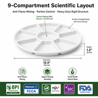 Plateau de service rond biodégradable multi-compartiments, jetable, 9 compartiments, en amidon de maïs, assiette écologique pour les événements, les mariages et les fêtes
