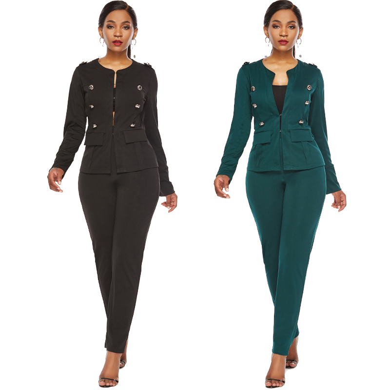 Fashion Latest Design  Spring Autumn Solid Color Anti-Static Sexy V-Neck Full Sleeve Office Suits Set For Women