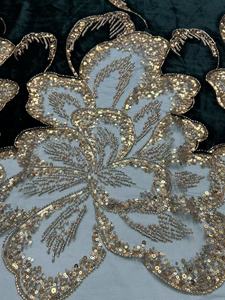 Tela de terciopelo marrón K/C con encaje bordado, <span class=keywords><strong>lentejuelas</strong></span> doradas, cuentas y pedrería, tela pesada para vestido de novia Aso Ebi Abaya, 8 colores en stock - Product Image 4