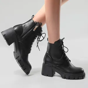 Wholesale Customized High Heel Round Toe Lace-Up Martin Boots Soft Leather Large Size Women Chunky Short Boots For Ladies
