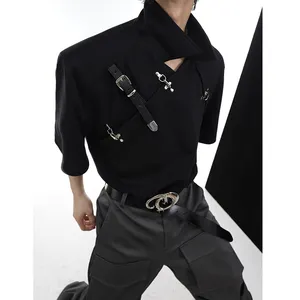 Original design men's Y2K metal buckles irregular blouse fashion belt opening half sleeve white/black shirt for men