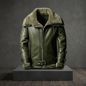 Blouson aviateur en cuir véritable pour homme avec doublure en fausse fourrure, coupe-vent, style motard, fermeture éclair épaisse, coupe classique pour l'hiver - Product Image 3