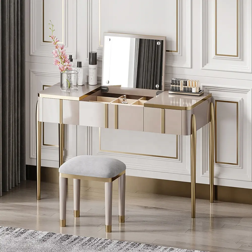 Meubles de chambre à coucher avec miroir en acier inoxydable, tables d'hôtel en métal, coiffeuse et chaises de toilette