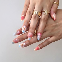 Ongles à presser en amande 3D dégradé rose-bleu coucher de soleil, motif papillon peint à la main, strass et coquillage, 10 pièces personnalisables