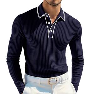 Polo de Manga Larga para Hombre, Diseño con Botones, Tejido Acanalado, Uso Diario, Cuello con Ribete Blanco, Color Granate, Corte Regular - Product Image 3