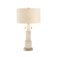 Lampe de table moderne en marbre blanc avec abat-jour en tissu crème, accents dorés et chaînes de tirage pour chambre à coucher, chevet, salon, suite d'hôtel