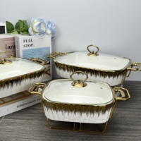 Plat Chafing Haut de Gamme Bord Doré, Ensemble Buffet de Luxe avec Chauffage, Casserole à Soupe en Céramique pour Traiteur, Chafing Dishes