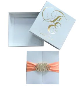 Caja de invitación de seda blanca, espejo dorado acrílico, tarjeta de invitaciones de boda, Suite con cinta estacionaria