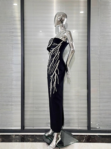 Высококачественное черное платье с вышивкой бисером, сексуальное, с открытыми плечами, на бретельках, для вечеринок - Product Image 3