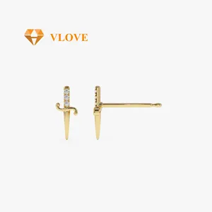 VLOVE joyería de moda para mujer joyería de oro sólido 14K oro Mini espada pendientes de diamantes