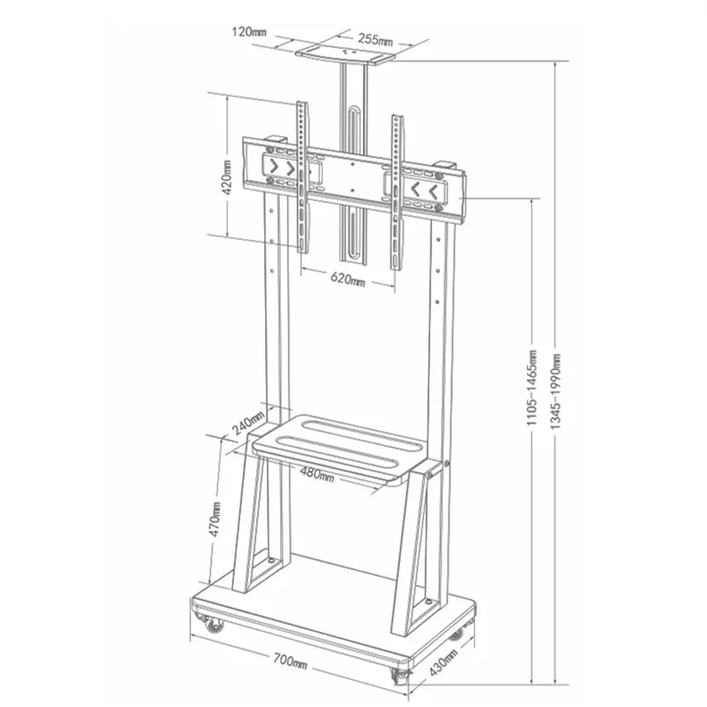 ブラックラージベーストロリー調節可能な棚ローリングフロアスタンドホイール付きモバイルTVカートTVスタンド可動