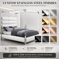 Lit à baldaquin de luxe en acrylique transparent avec cadre en acier inoxydable durable et tête de lit rembourrée en cuir, disponible en tailles Queen et King