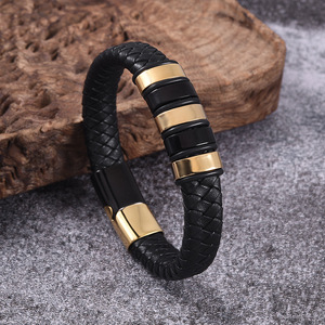 Stylish Men's <b>Leather</b> Wristband With Magnetic Clasp | Braided <b>Leather</b> <b>Bracelet</b> with Gold Black or Silver Stainless Steel Accents - Product Image 3