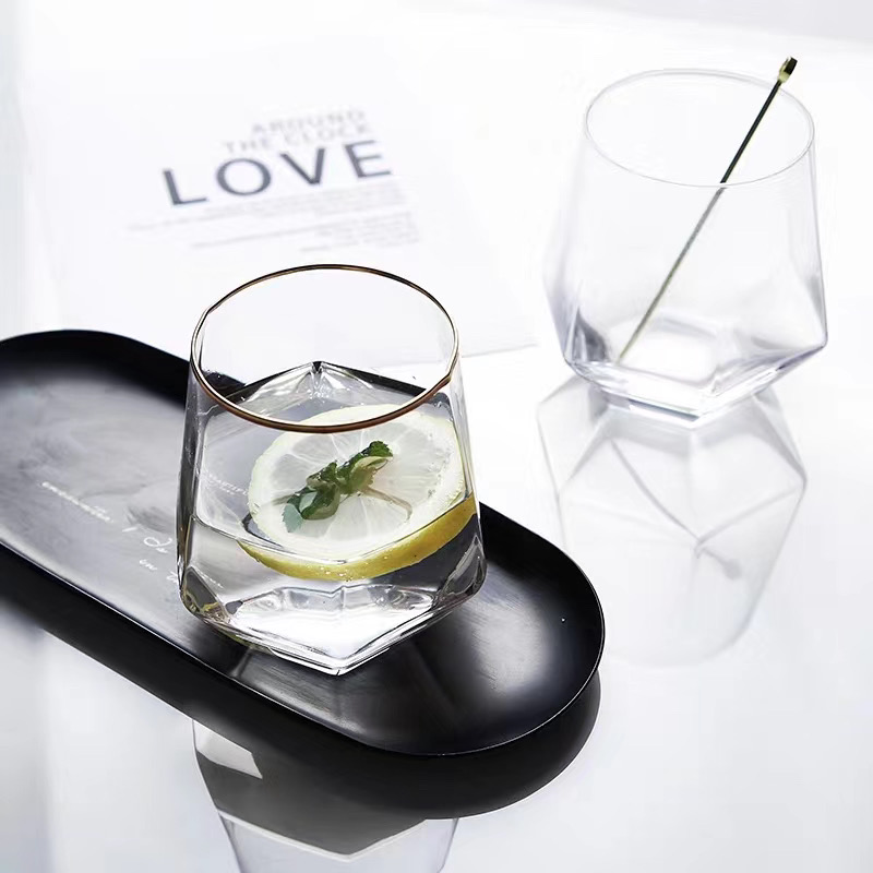Hexagonal Clear Cup Stock OEM Colored Gold Rim Whiskey Glass Cup