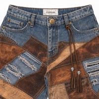 Jean baggy personnalisé pour homme, 14 oz, denim épais imprimé patchwork, style punk, déchiré, avec franges, coupe large, OEM