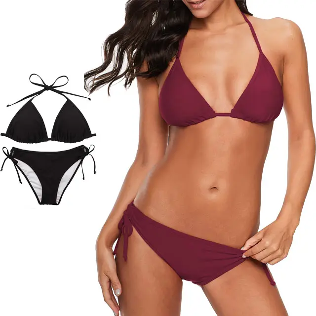 Two Piece Swimsuit Women Tie Side Bottom Padded Top Triangle Halter String Thong Bikinis Set