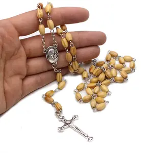高品质圣母玛利亚木制天主教念珠项链橄榄木念珠与图标肖像十字架十字架吊坠