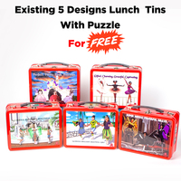 Boîte à déjeuner en étain avec poignée pour enfants, puzzle de dessin animé rouge, boîte de rangement en métal vintage de qualité alimentaire