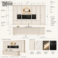 Meubles de cuisine modernes en crème style français, niche de présentation architecturale à arche romaine, tour de four intégrée, menuiserie de penthouse