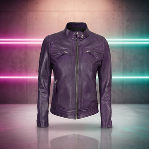 Women's Purple PU Leather Motorcycle Jacket Stand <b>Collar</b> Zipper Moto Biker Windproof Coat - Product Image 1