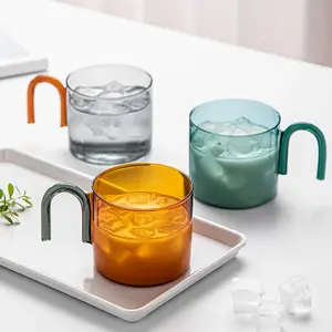 创意手工彩色硼硅酸盐玻璃杯，带U形手柄耐热家用咖啡杯，适合桌面使用