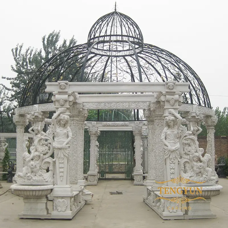 Jardim europeu grande pedra fêmea escultura pavilhão grego deusa branco mármore luxo estátua gazebo
